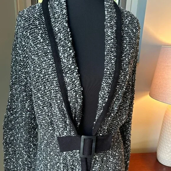 Zozo Black & White Lightweight Cardigan Sweater with Black Belt Accent - Picture 2 of 5